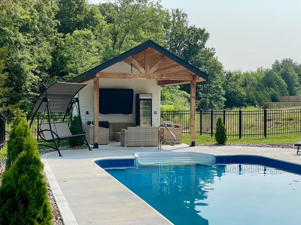 Gallery photos for Vinyl Liner Pool with Concrete Deck and Cabana in Oak Grove, MO: Image #1